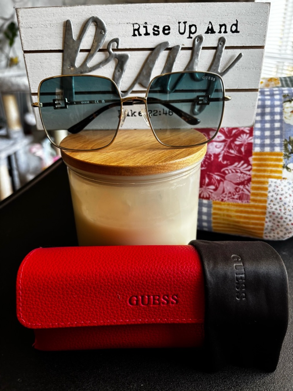 GUESS Gold Frame Sunglasses with Blue Gradient Lenses and Red Case